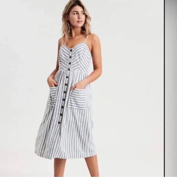American Eagle Outfitters Dress Gray and White Stripe Midi L - Picture 1 of 15